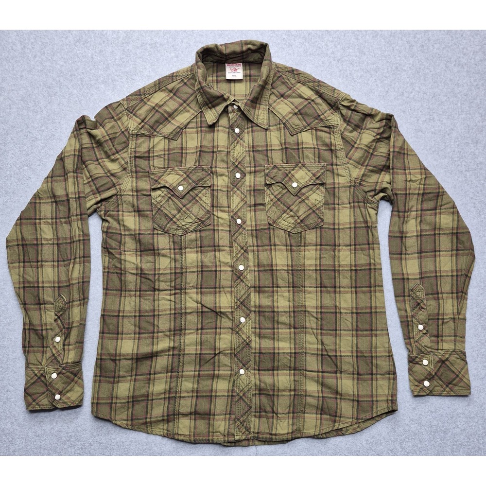 True Religion Shirt Mens 3XL Olive Green Western Pearl Snap Plaid Long Sleeve